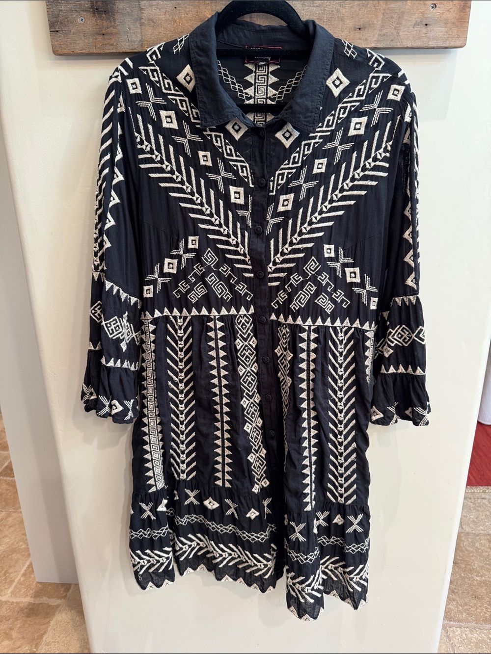 Johnny Was XL Black Midi Dress with Beige Geometric Embroidery